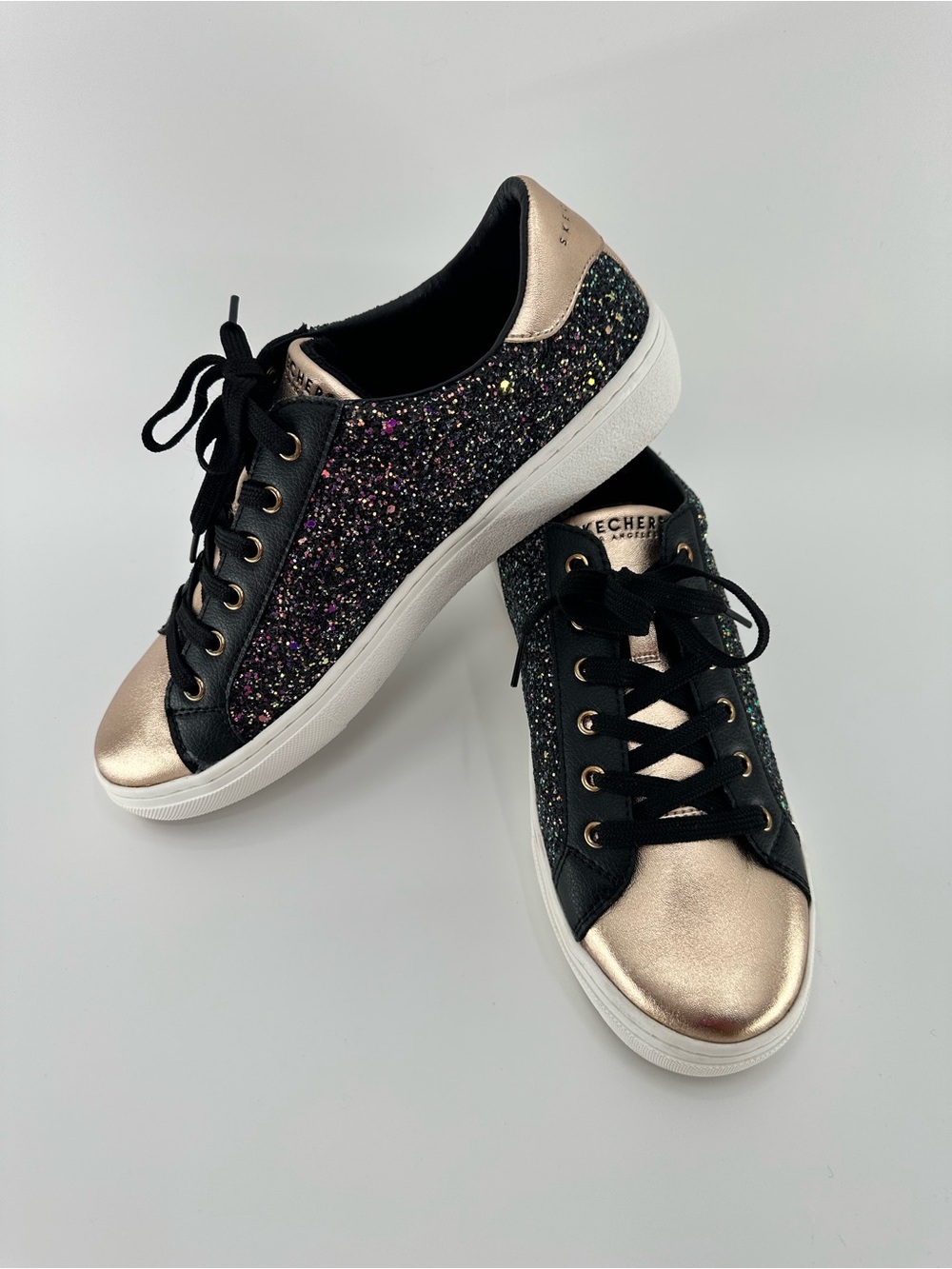 Skechers Women’s Black Glitter & Rose Gold Low-Top Sneakers - Picture 4 of 11